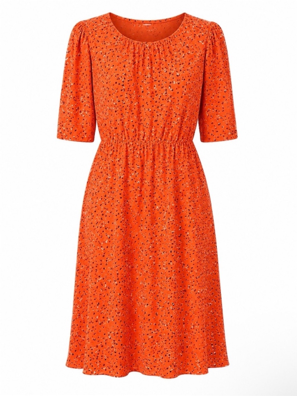 Ann Taylor Orange Confetti Print Midi Dress Women Size 14 Puff Sleeve Halloween